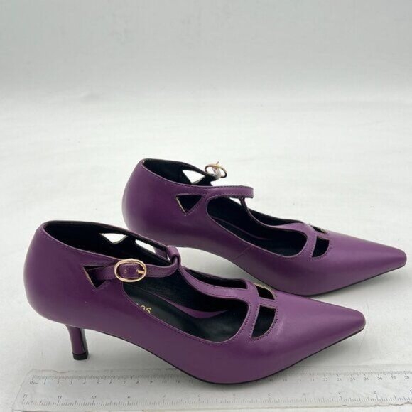 Women’s Ankle Strap Pumps Low Kitten Heels T Strap Mary Jane Pointed Toe Purple - Picture 4 of 7